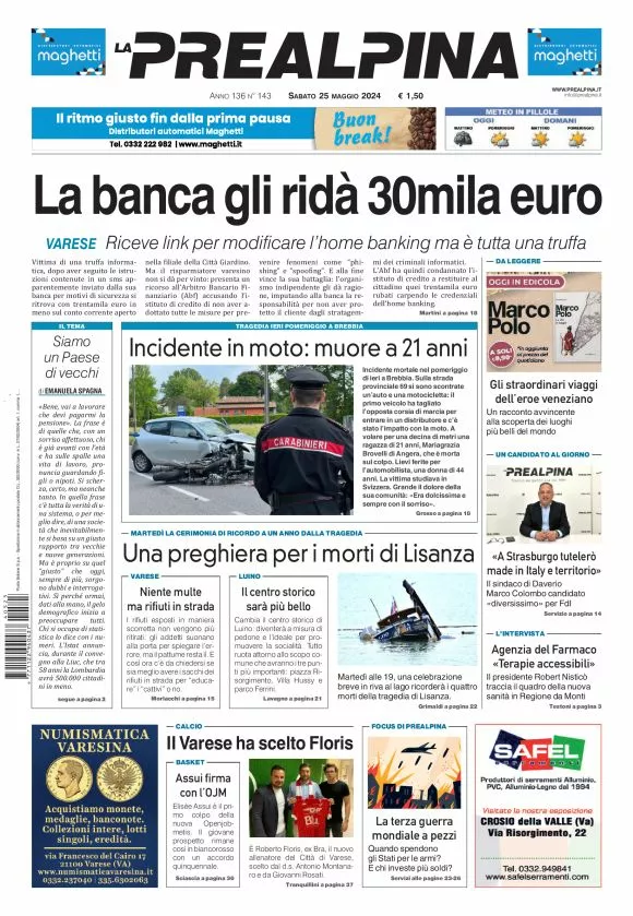 Prima-pagina-la-prealpina-oggi-oggi-edizione-del-2024-05-25