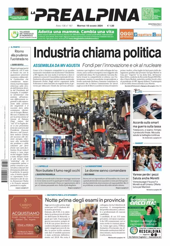 Prima-pagina-la-prealpina-oggi-oggi-edizione-del-2024-06-18