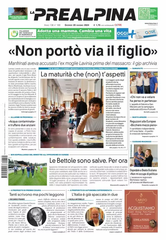 Prima-pagina-la-prealpina-oggi-oggi-edizione-del-2024-06-20