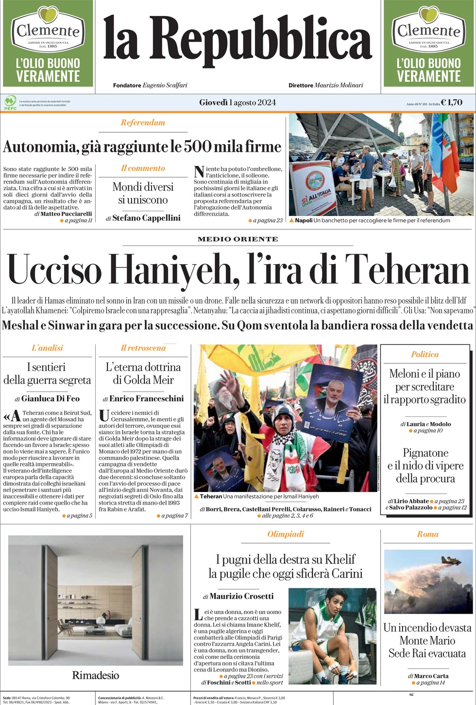 Prima-pagina-la-repubblica-edizione-di-oggi-01-08-2024