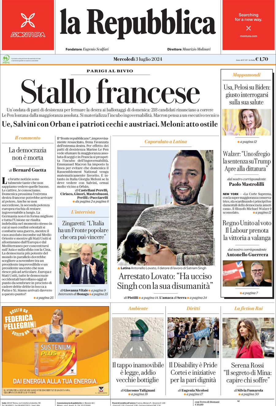 Prima-pagina-la-repubblica-edizione-di-oggi-03-07-2024