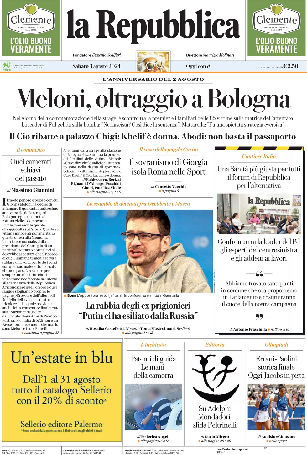 Prima-pagina-la-repubblica-edizione-di-oggi-03-08-2024