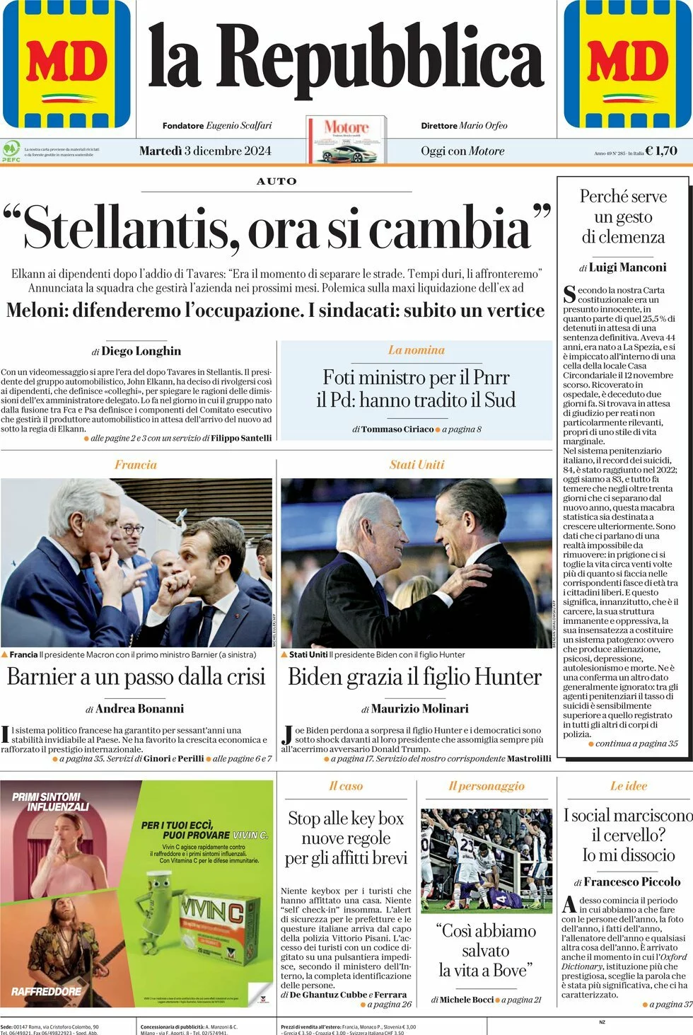 Prima-pagina-la-repubblica-edizione-di-oggi-03-12-2024