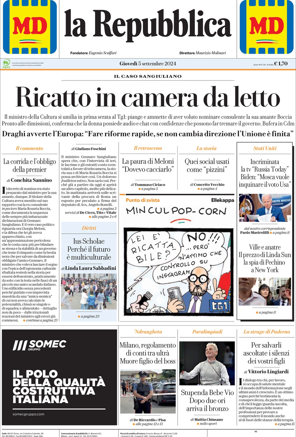 Prima-pagina-la-repubblica-edizione-di-oggi-05-09-2024