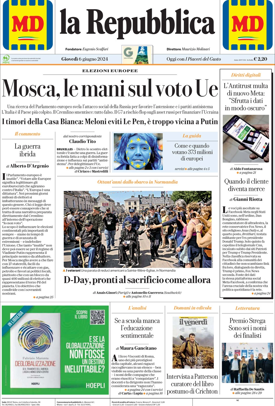 Prima-pagina-la-repubblica-edizione-di-oggi-06-06-2024