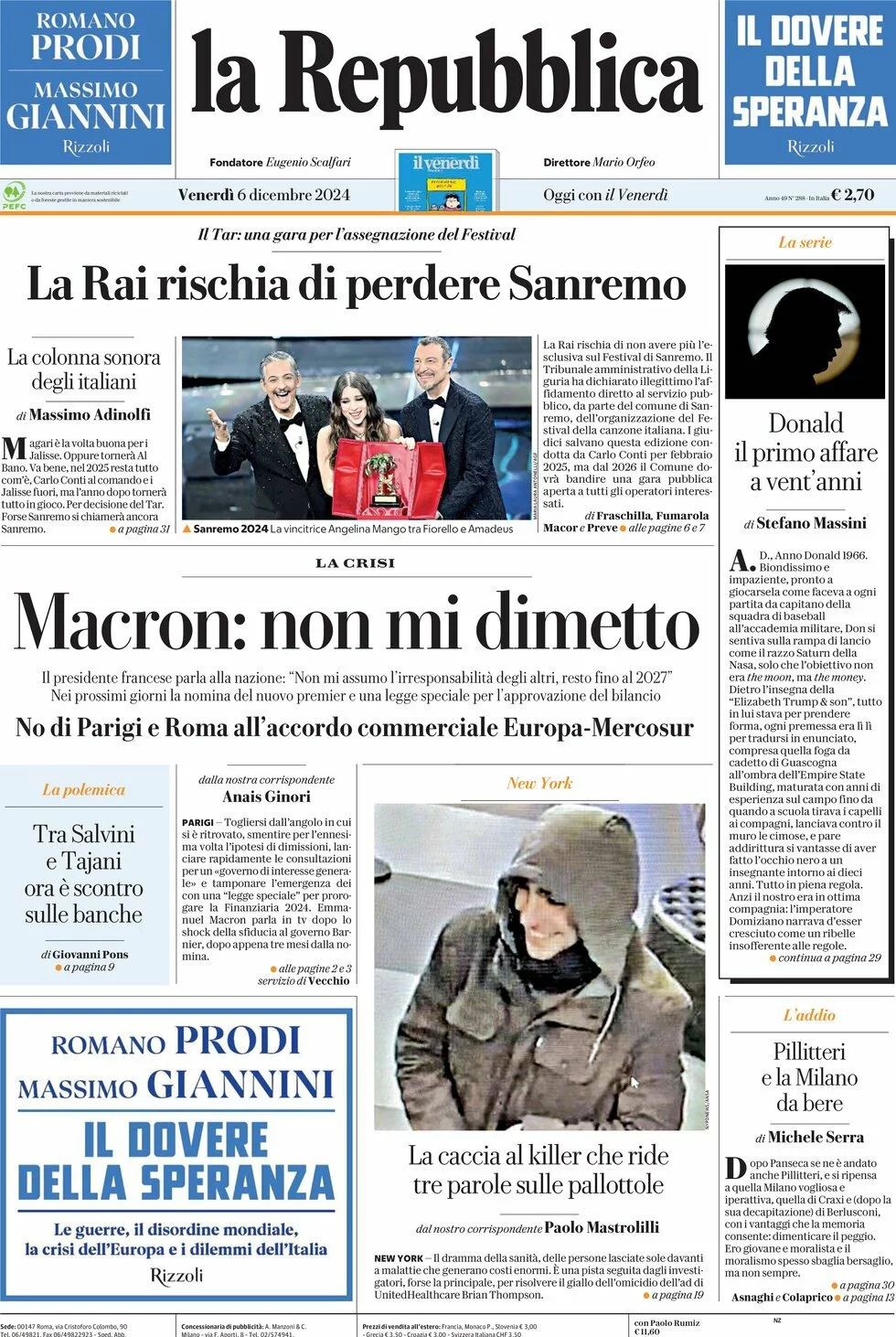 Prima-pagina-la-repubblica-edizione-di-oggi-06-12-2024