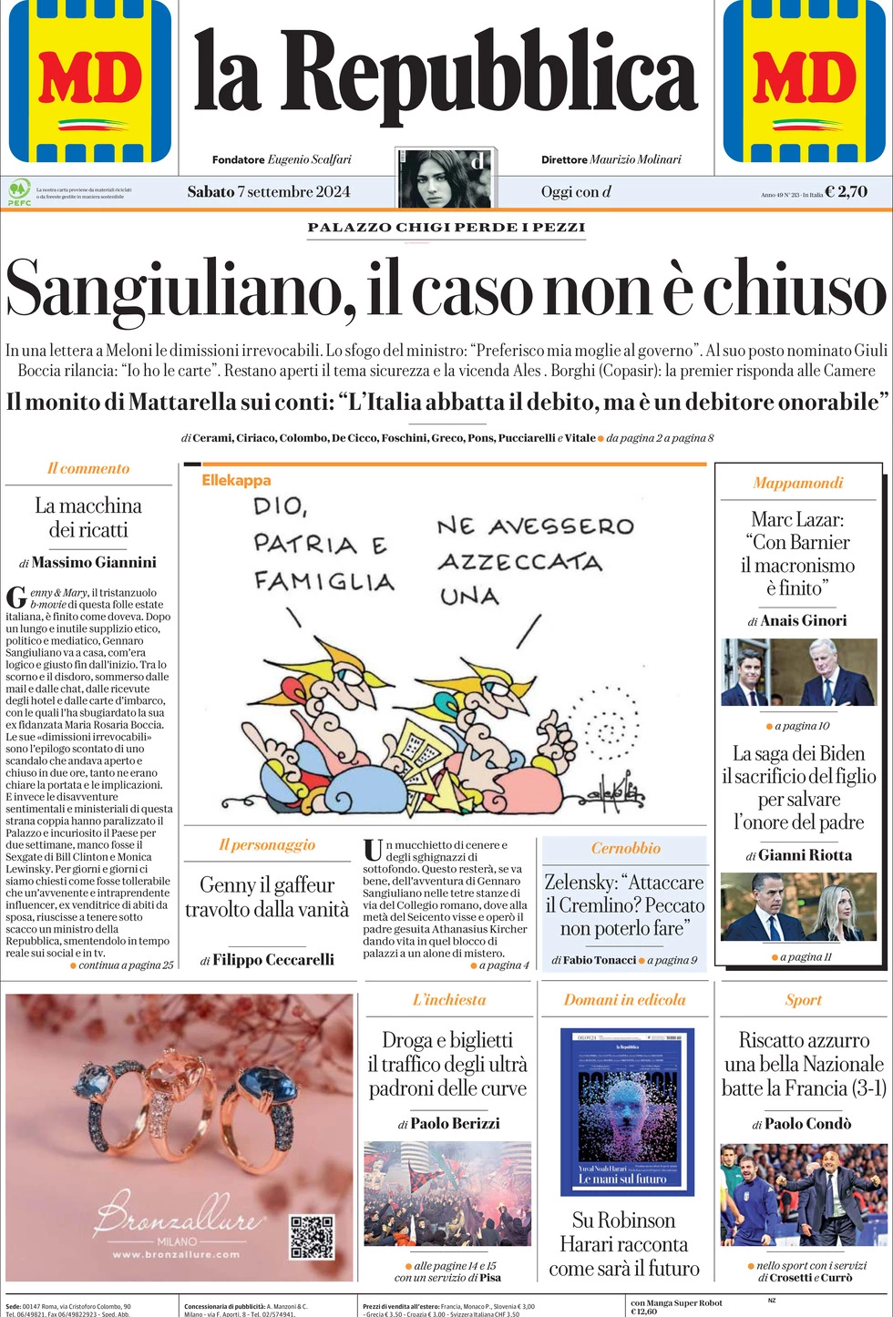 Prima-pagina-la-repubblica-edizione-di-oggi-07-09-2024