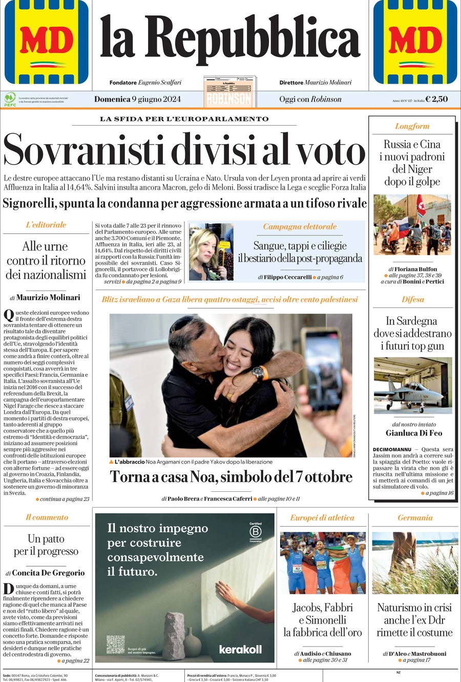 Prima-pagina-la-repubblica-edizione-di-oggi-09-06-2024