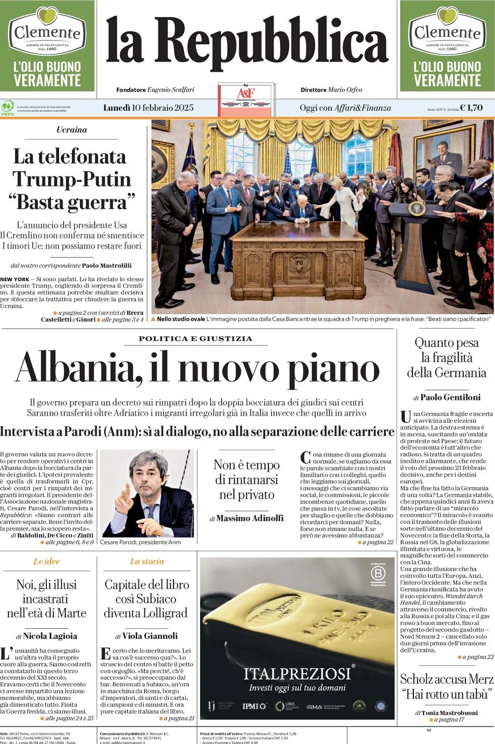 Prima-pagina-la-repubblica-edizione-di-oggi-10-02-2025