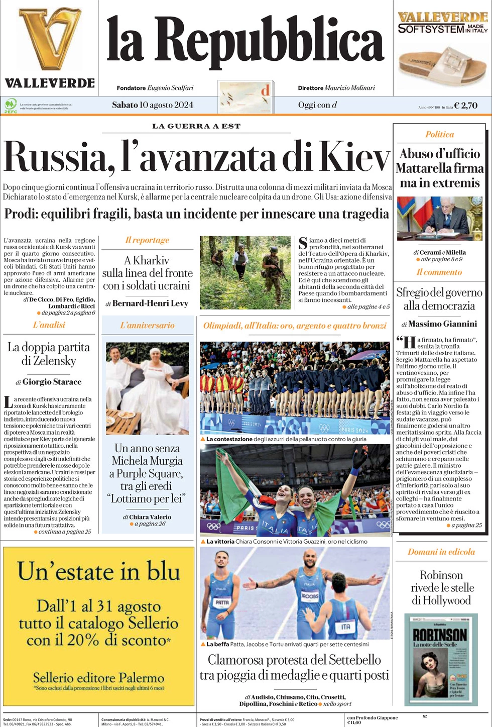 Prima-pagina-la-repubblica-edizione-di-oggi-10-08-2024