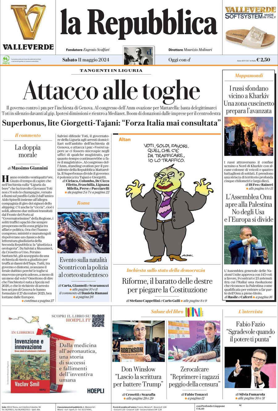 Prima-pagina-la-repubblica-edizione-di-oggi-11-05-2024