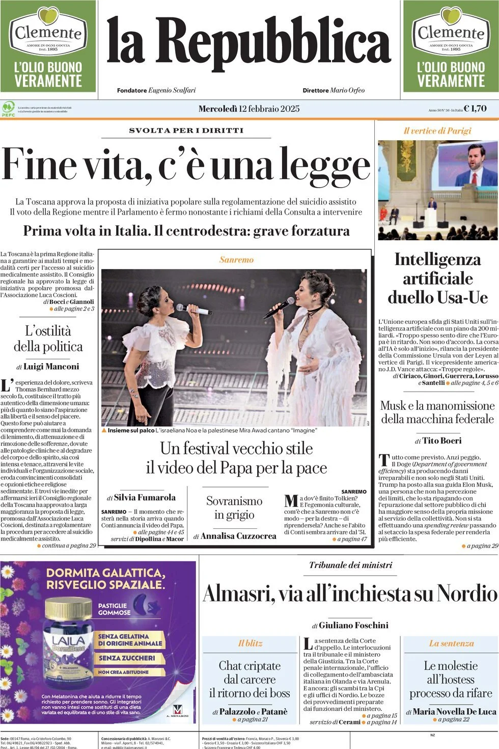 Prima-pagina-la-repubblica-edizione-di-oggi-12-02-2025