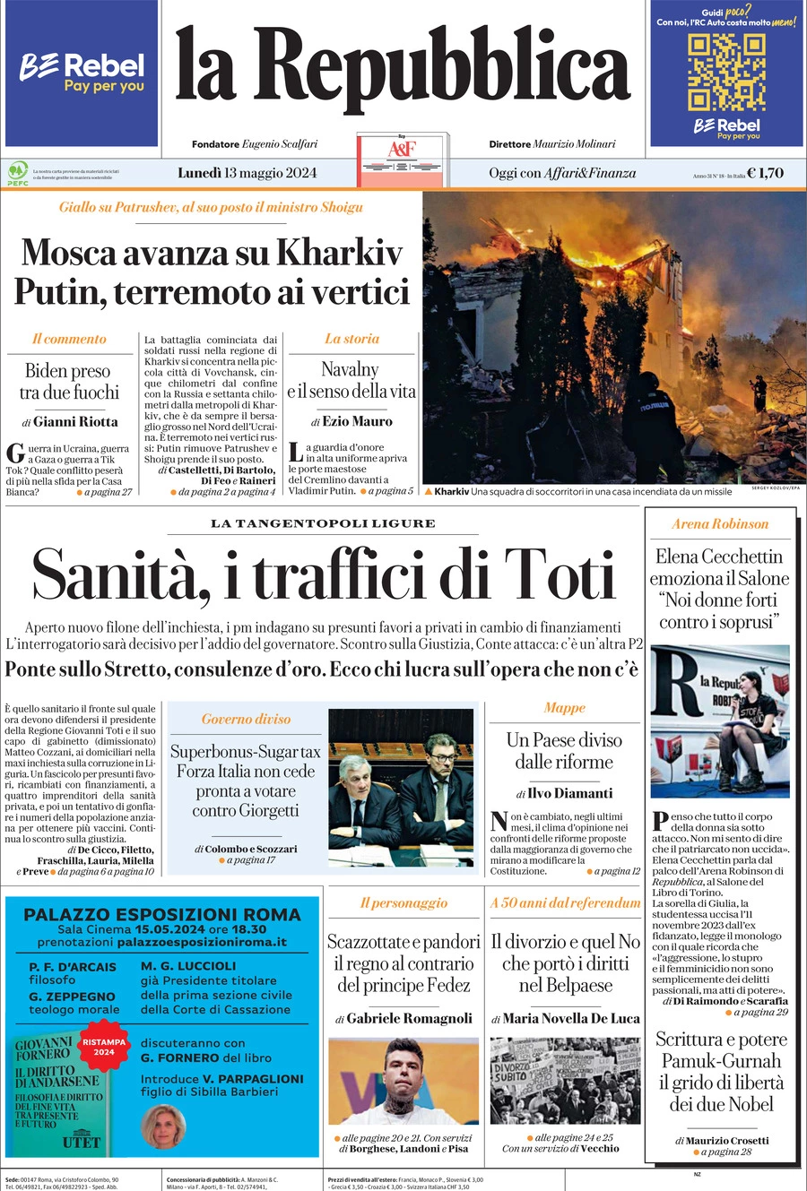 Prima-pagina-la-repubblica-edizione-di-oggi-13-05-2024