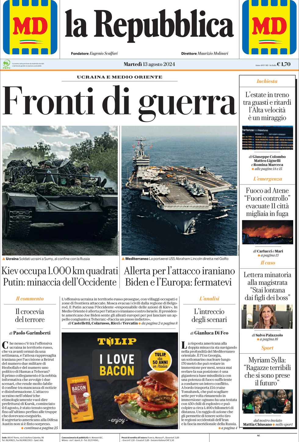 Prima-pagina-la-repubblica-edizione-di-oggi-13-08-2024