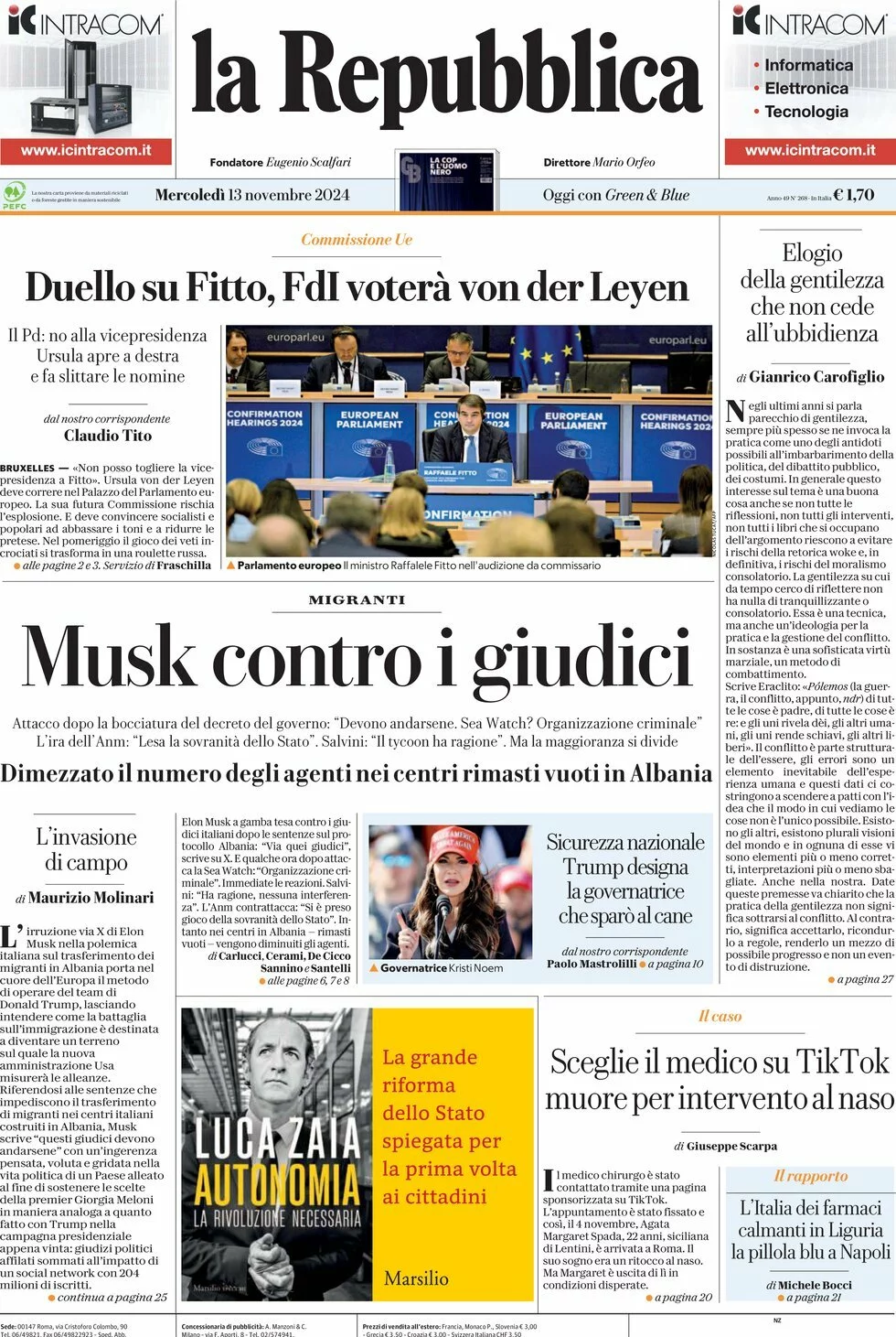 Prima-pagina-la-repubblica-edizione-di-oggi-13-11-2024