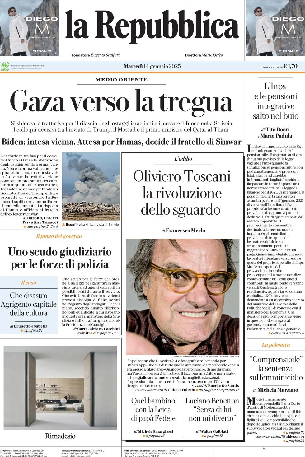 Prima-pagina-la-repubblica-edizione-di-oggi-14-01-2025