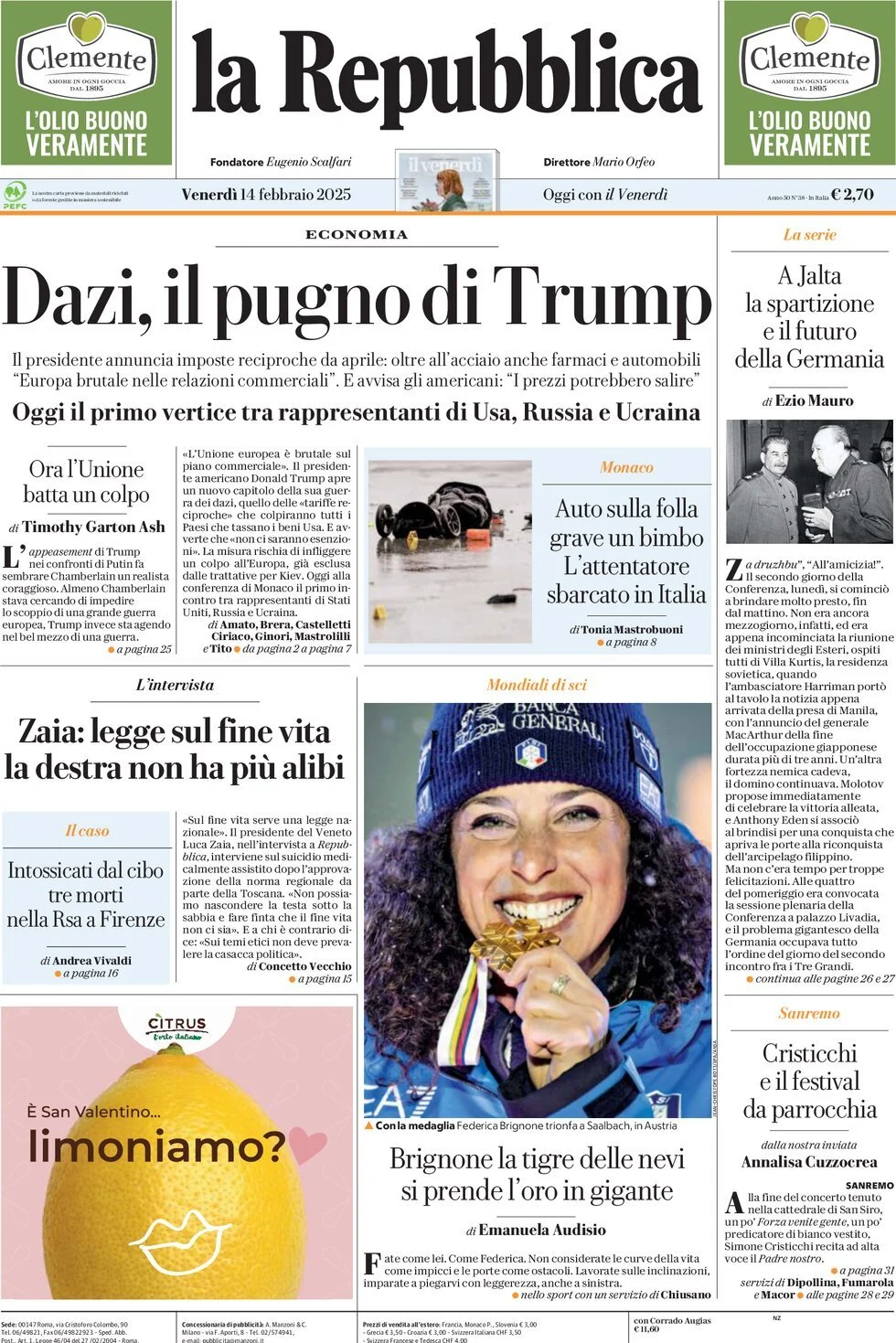 Prima-pagina-la-repubblica-edizione-di-oggi-14-02-2025