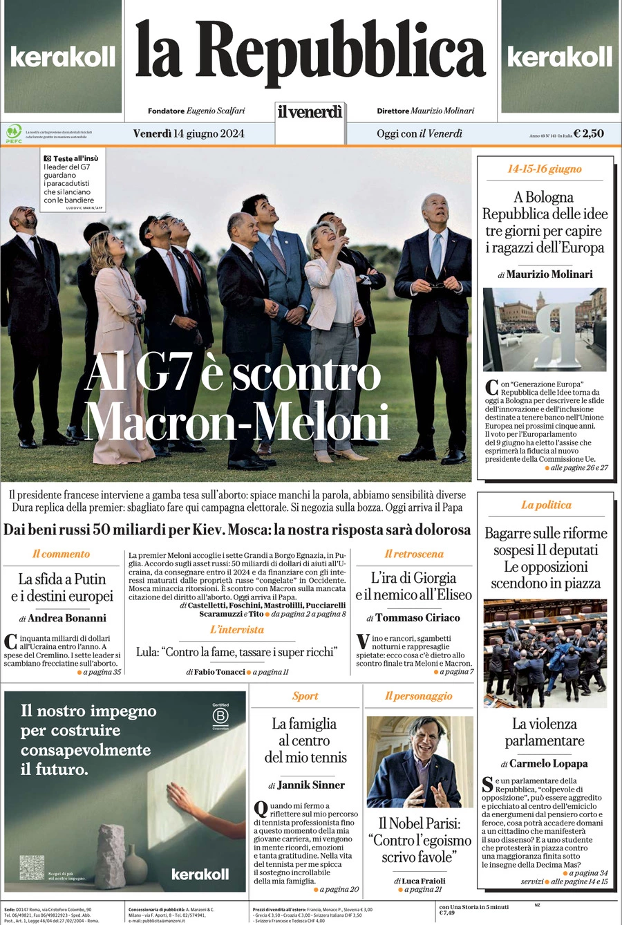 Prima-pagina-la-repubblica-edizione-di-oggi-14-06-2024