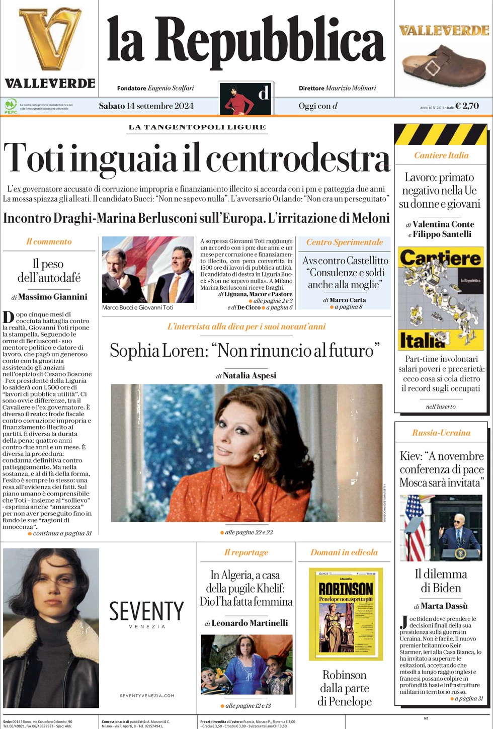 Prima-pagina-la-repubblica-edizione-di-oggi-14-09-2024