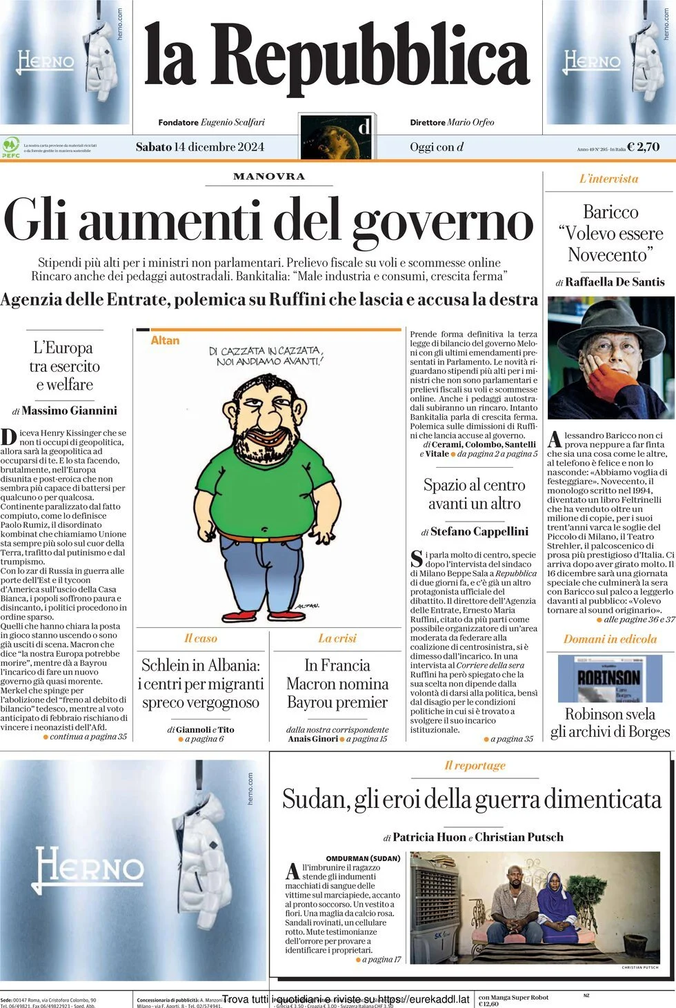 Prima-pagina-la-repubblica-edizione-di-oggi-14-12-2024