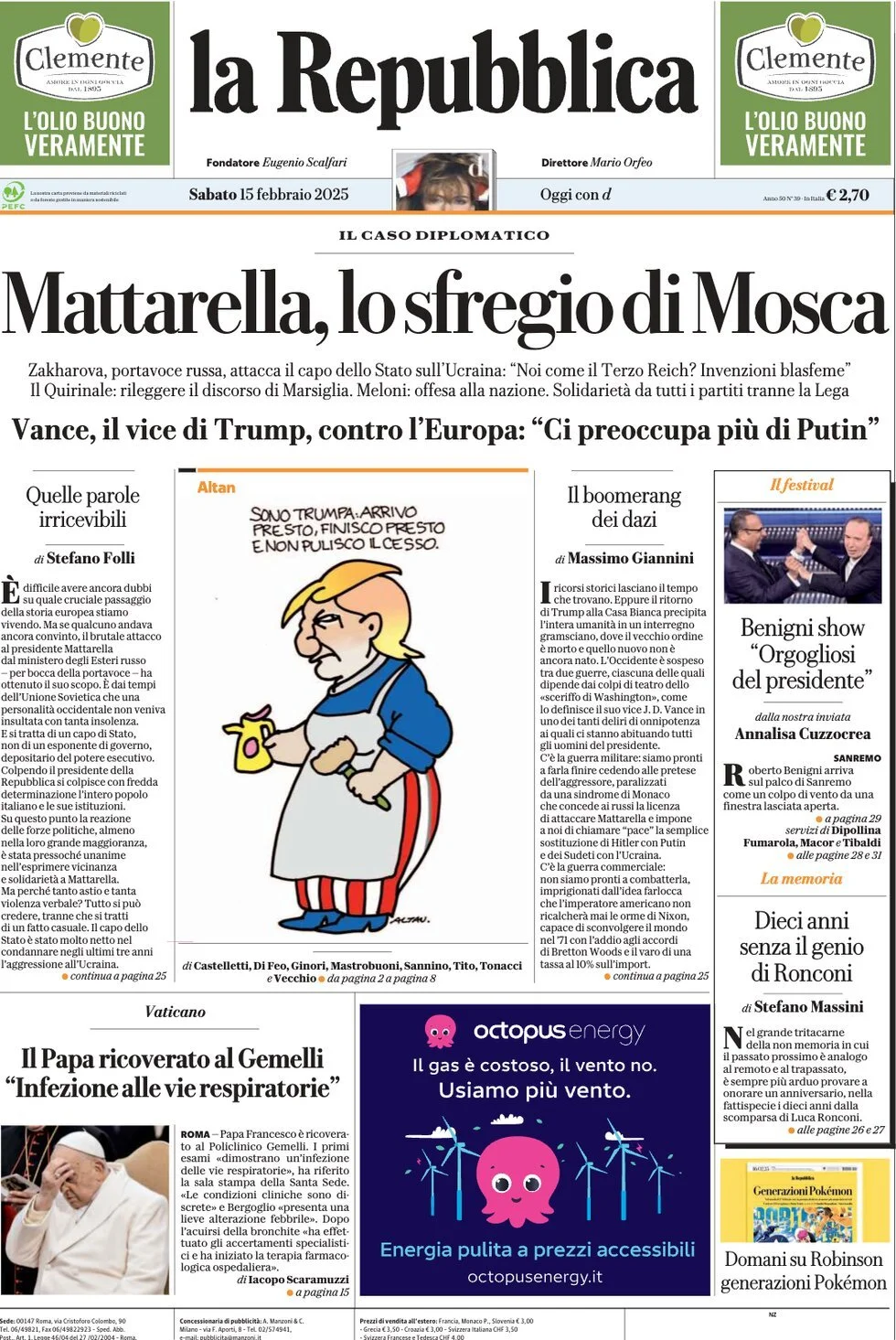 Prima-pagina-la-repubblica-edizione-di-oggi-15-02-2025