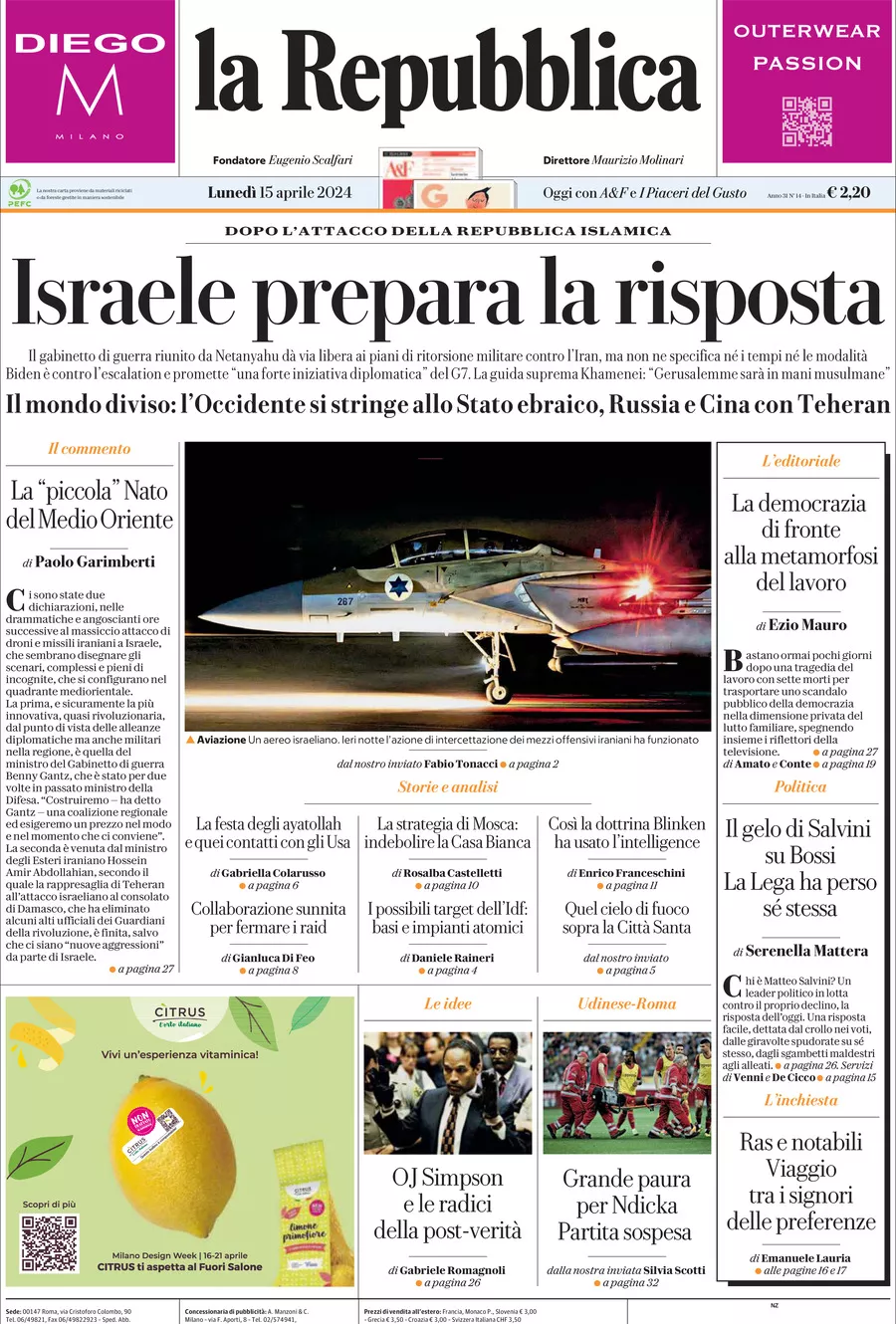 Prima-pagina-la-repubblica-edizione-di-oggi-15-04-2024