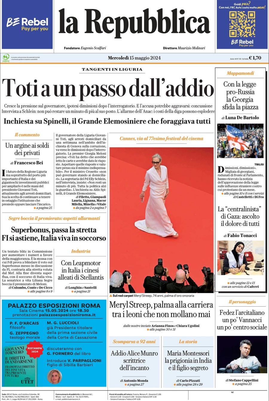 Prima-pagina-la-repubblica-edizione-di-oggi-15-05-2024