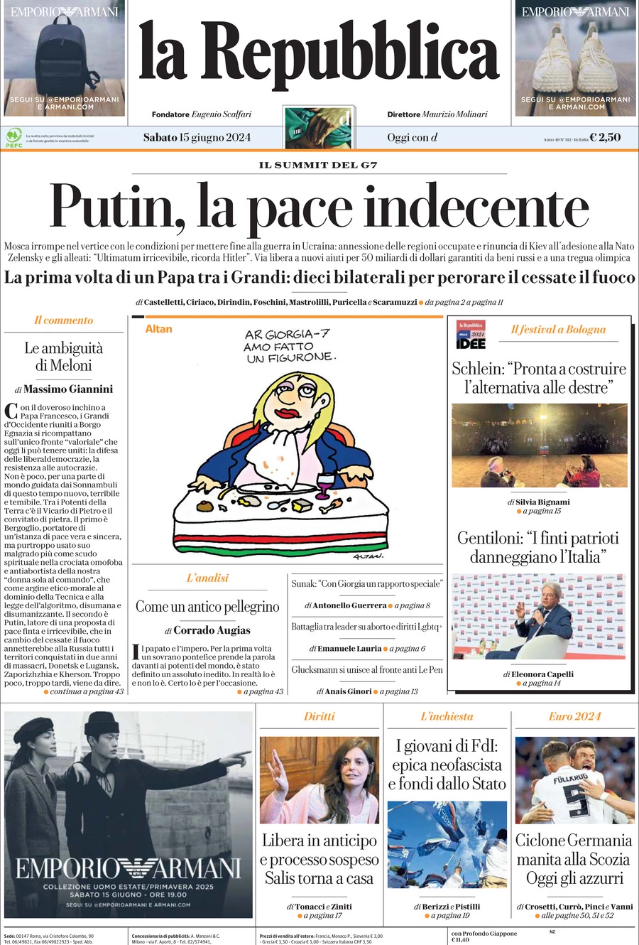 Prima-pagina-la-repubblica-edizione-di-oggi-15-06-2024