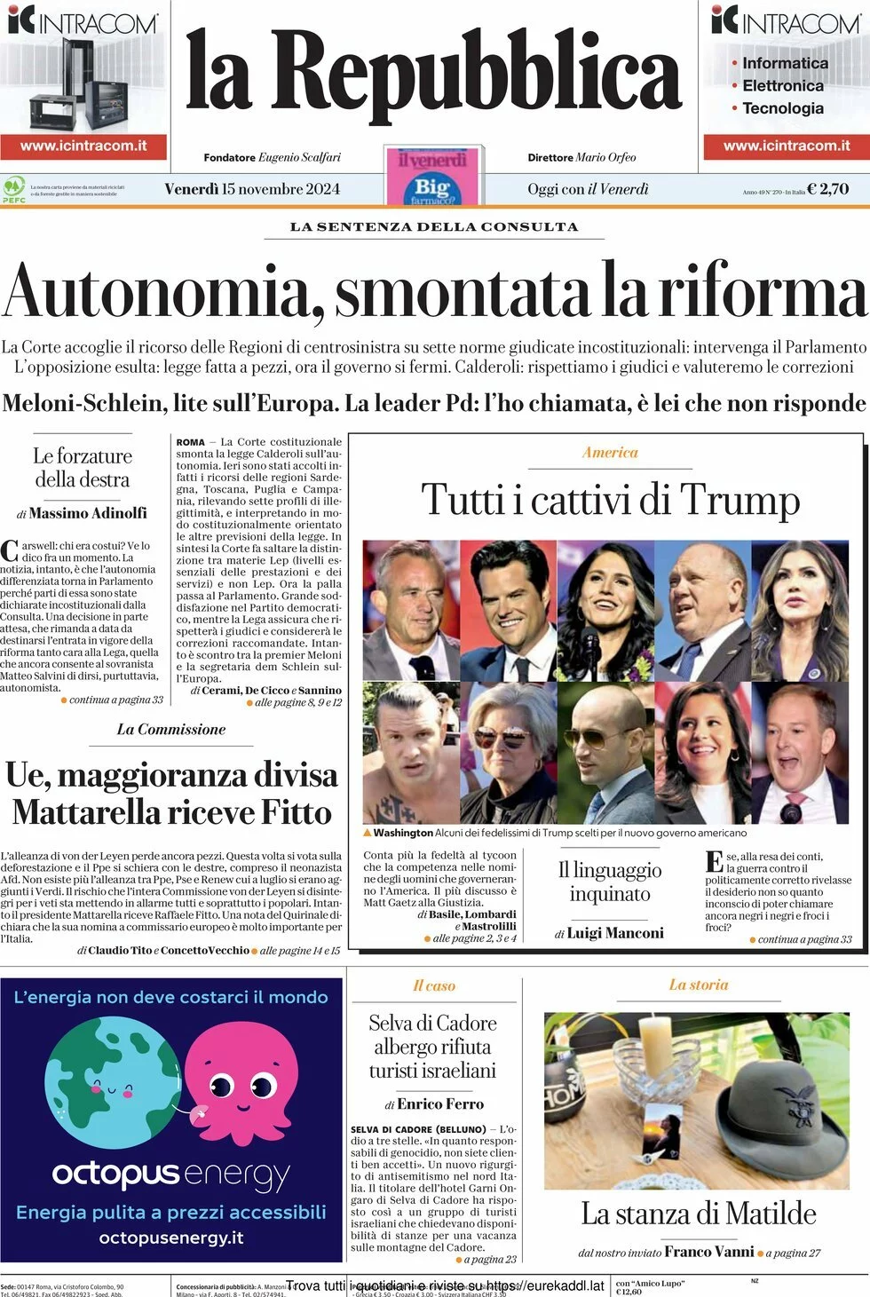 Prima-pagina-la-repubblica-edizione-di-oggi-15-11-2024