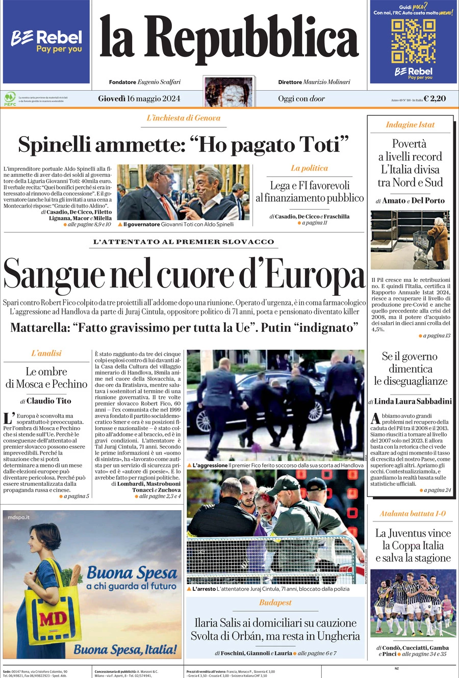 Prima-pagina-la-repubblica-edizione-di-oggi-16-05-2024