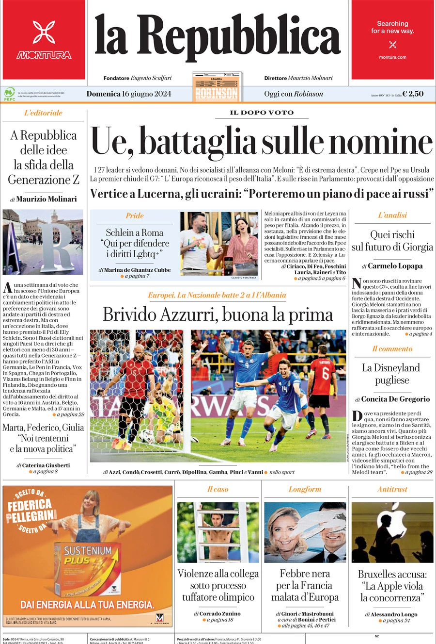 Prima-pagina-la-repubblica-edizione-di-oggi-16-06-2024