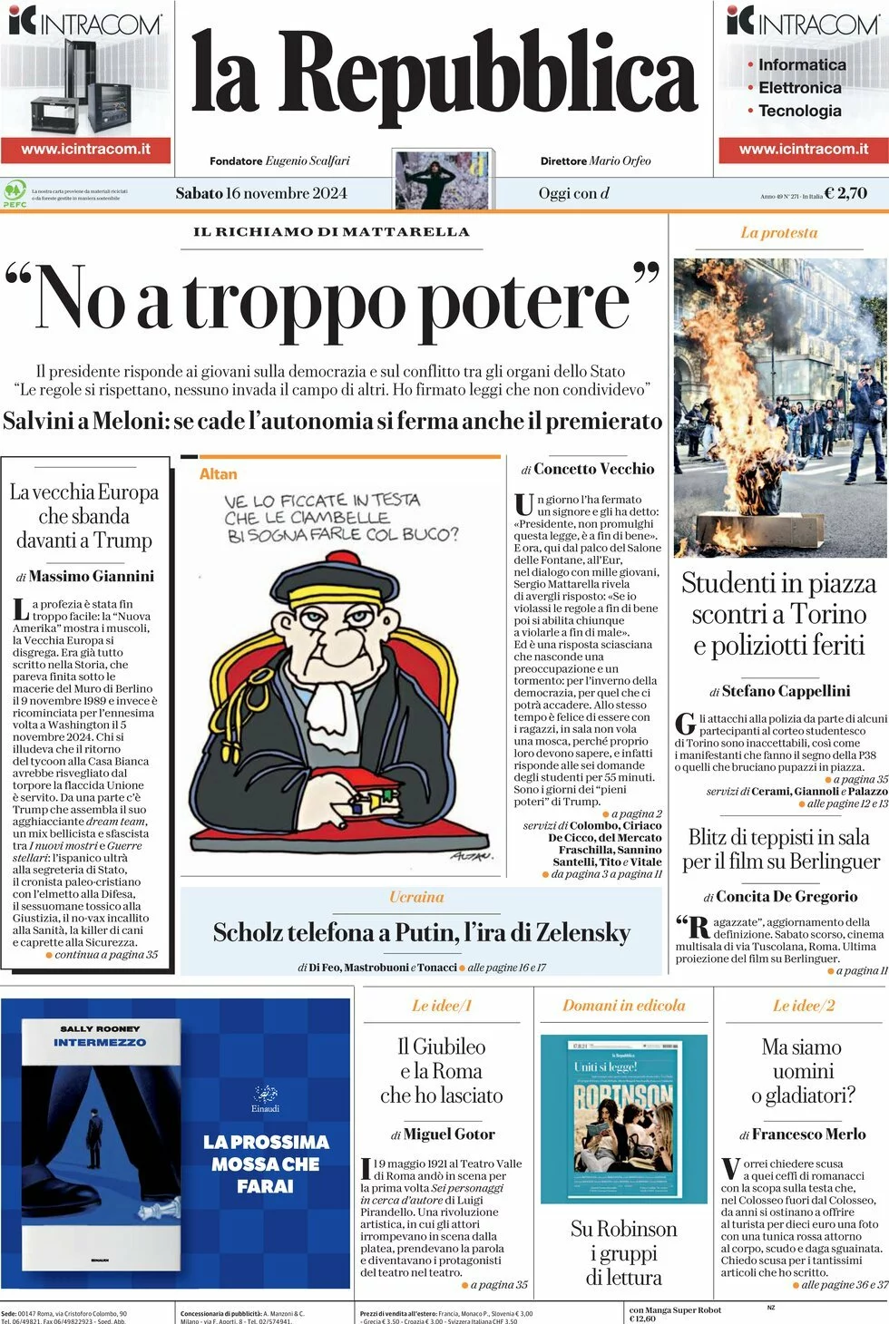 Prima-pagina-la-repubblica-edizione-di-oggi-16-11-2024