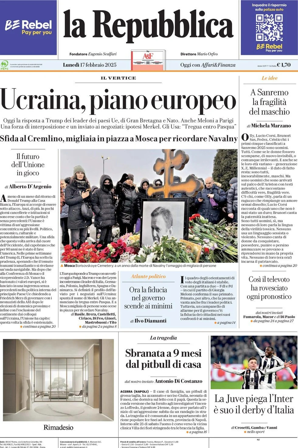 Prima-pagina-la-repubblica-edizione-di-oggi-17-02-2025