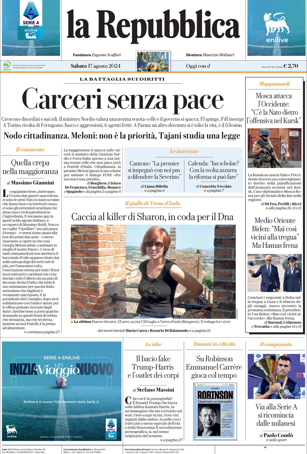 Prima-pagina-la-repubblica-edizione-di-oggi-17-08-2024