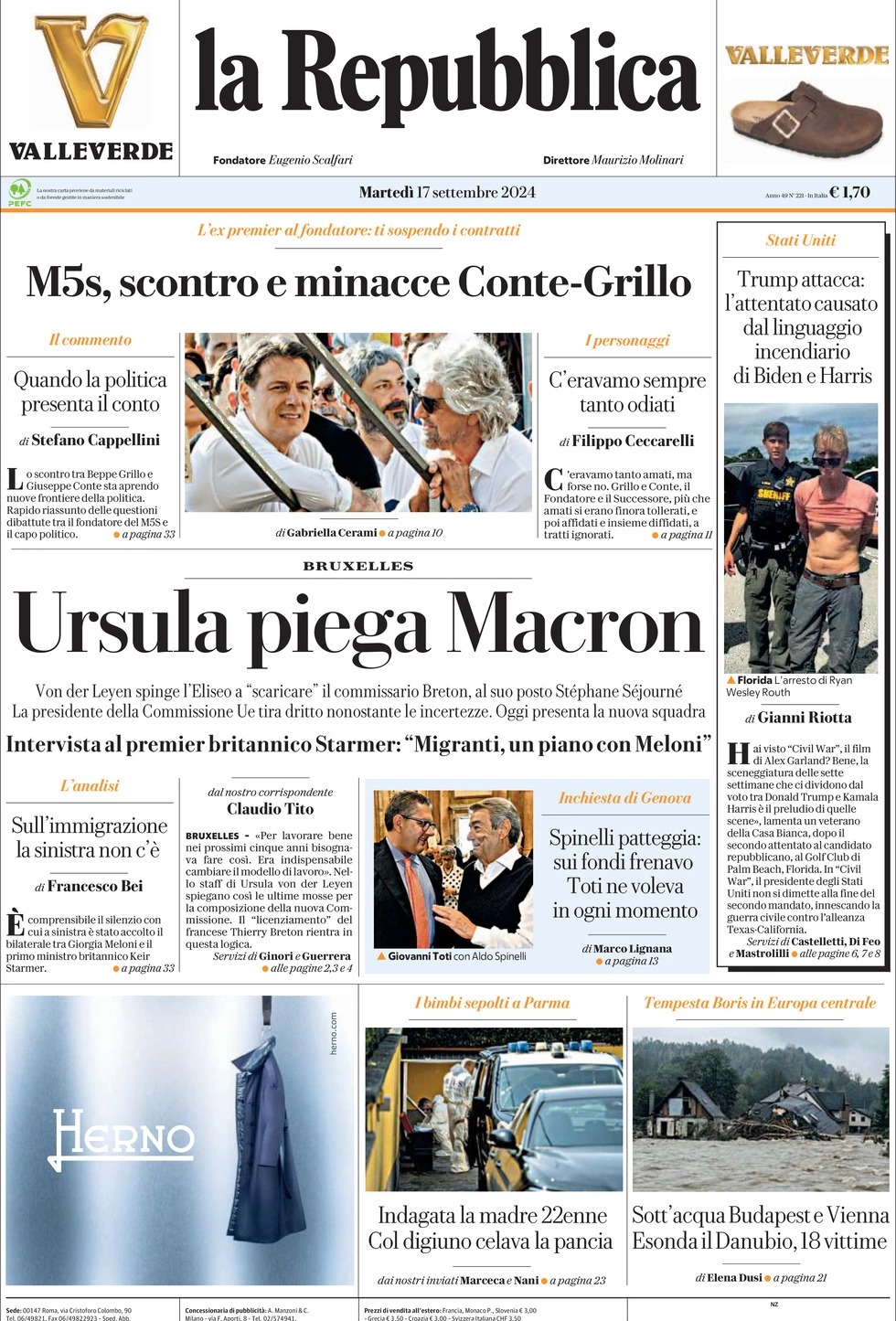 Prima-pagina-la-repubblica-edizione-di-oggi-17-09-2024