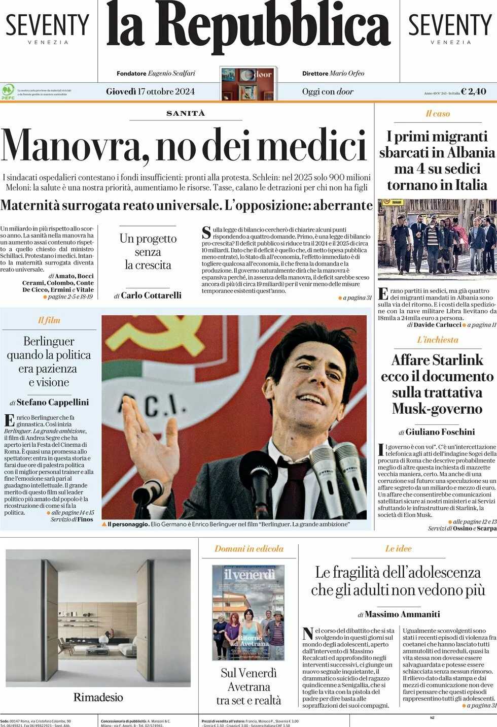 Prima-pagina-la-repubblica-edizione-di-oggi-17-10-2024