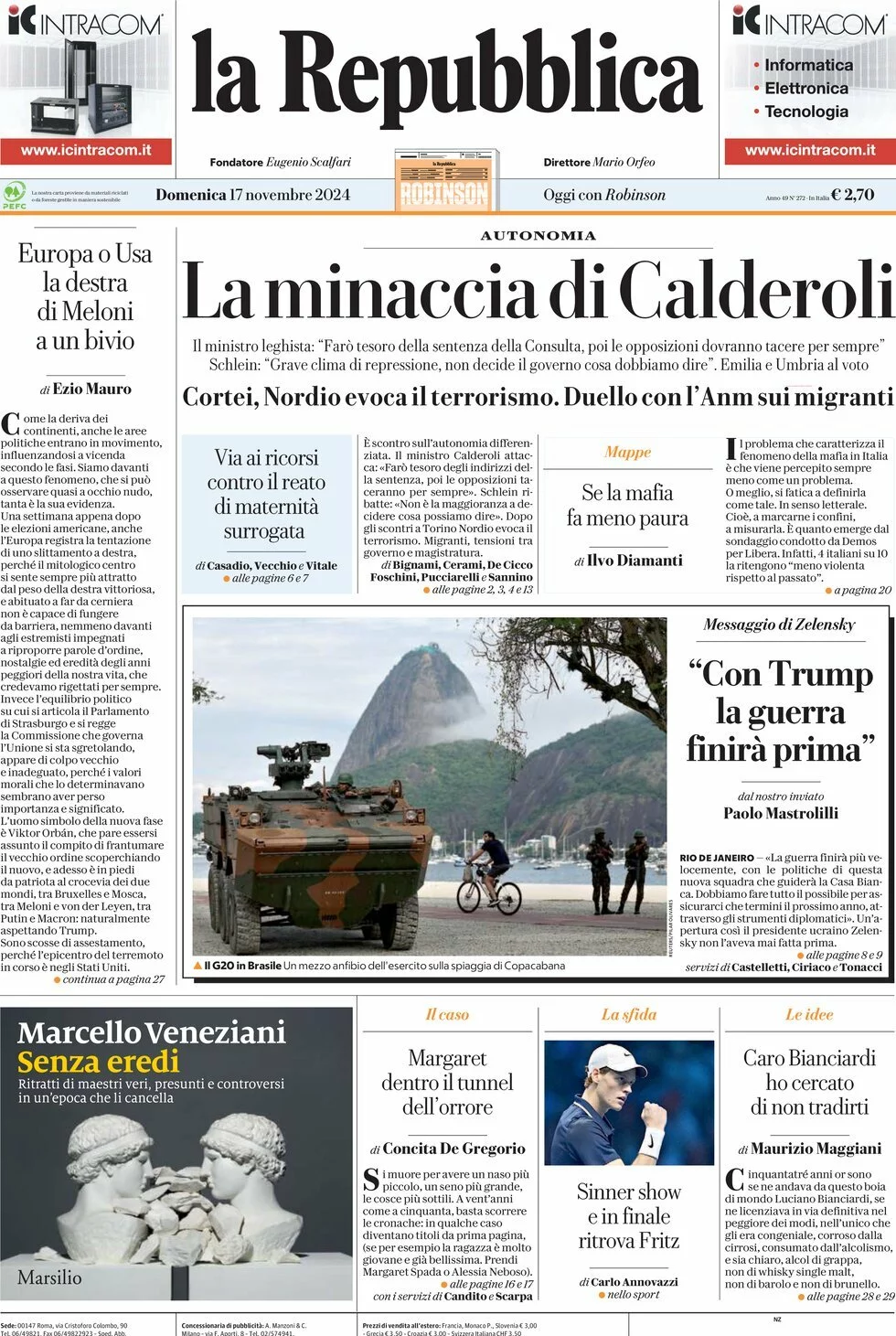 Prima-pagina-la-repubblica-edizione-di-oggi-17-11-2024