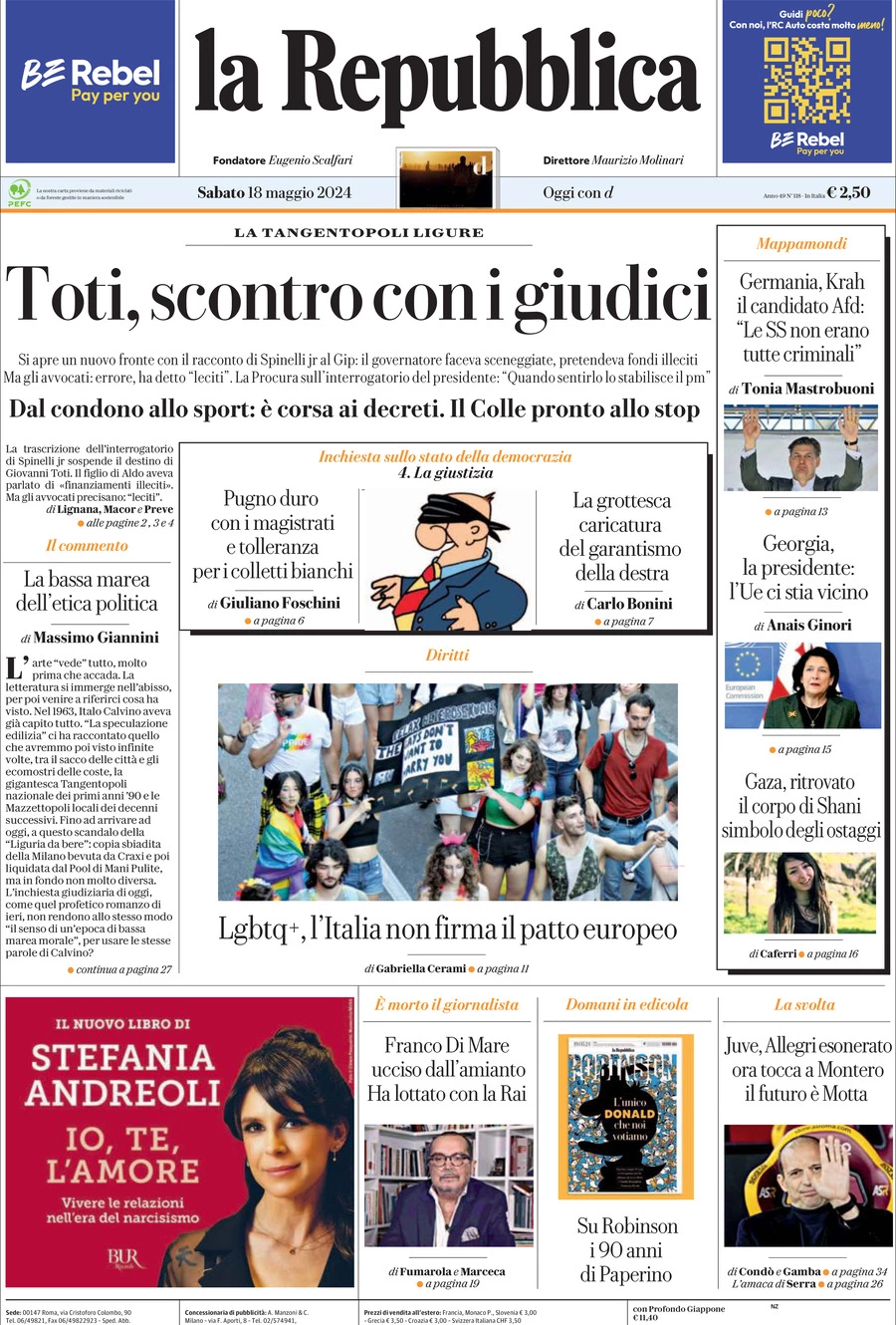 Prima-pagina-la-repubblica-edizione-di-oggi-18-05-2024