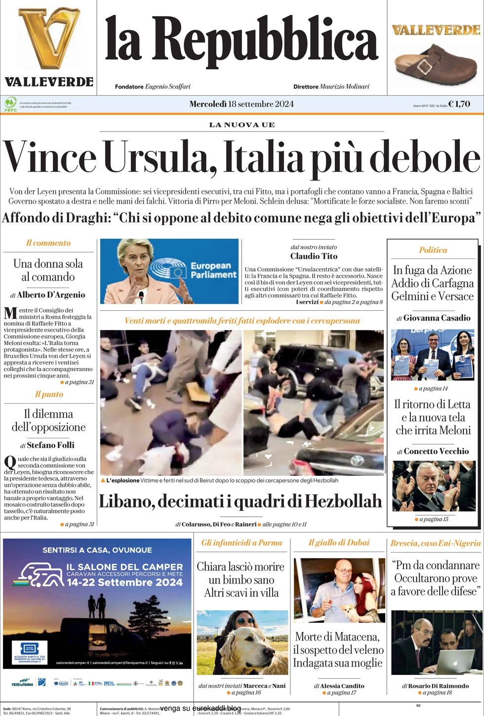 Prima-pagina-la-repubblica-edizione-di-oggi-18-09-2024