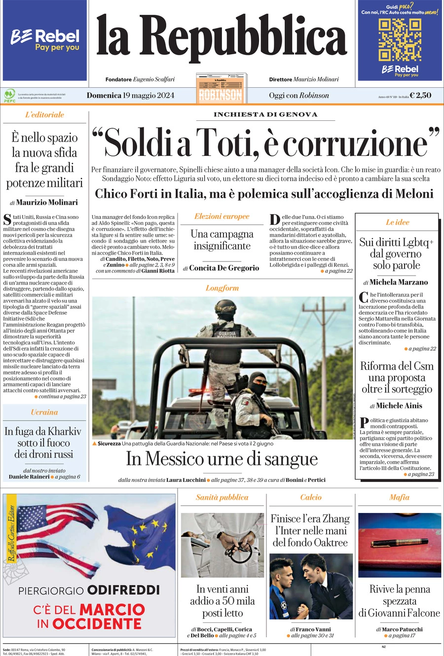 Prima-pagina-la-repubblica-edizione-di-oggi-19-05-2024