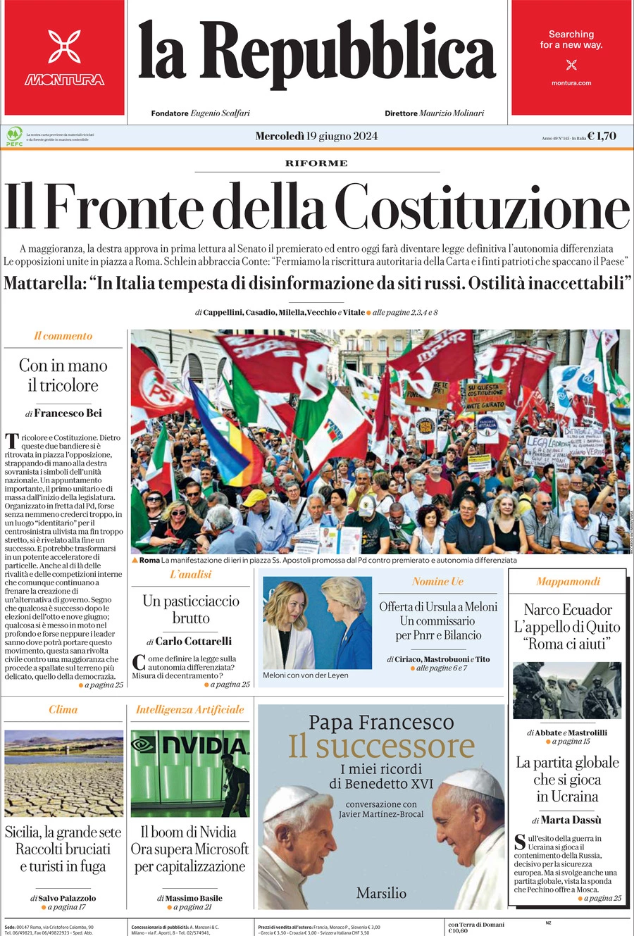 Prima-pagina-la-repubblica-edizione-di-oggi-19-06-2024