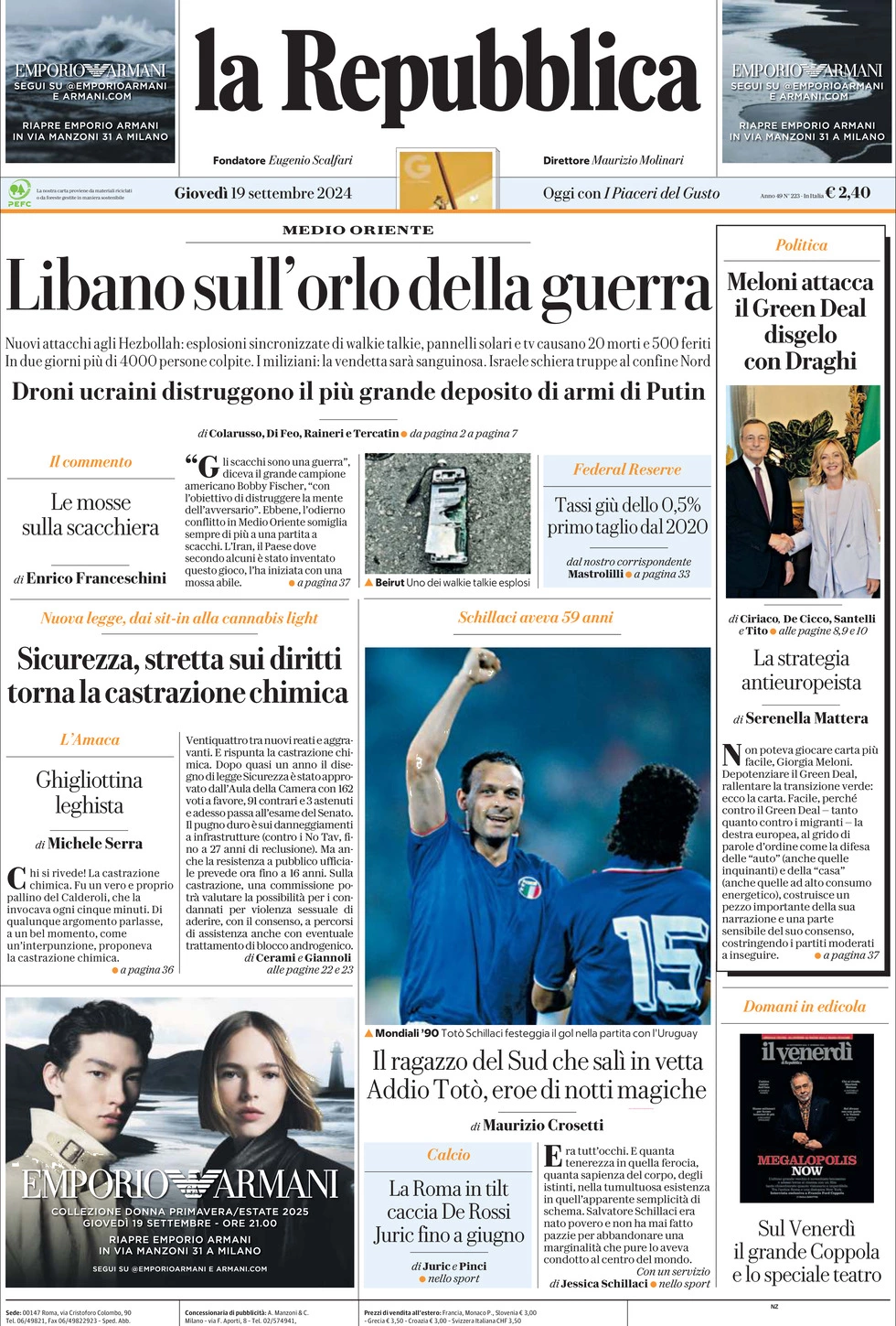 Prima-pagina-la-repubblica-edizione-di-oggi-19-09-2024