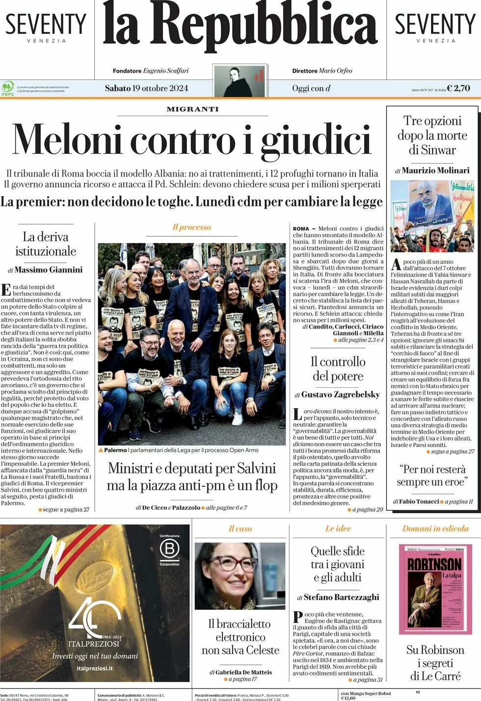 Prima-pagina-la-repubblica-edizione-di-oggi-19-10-2024