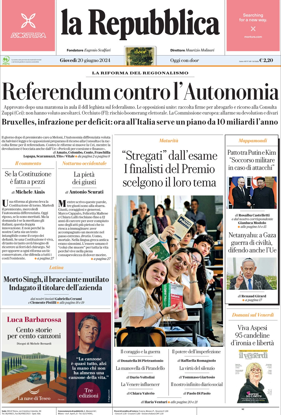 Prima-pagina-la-repubblica-edizione-di-oggi-20-06-2024