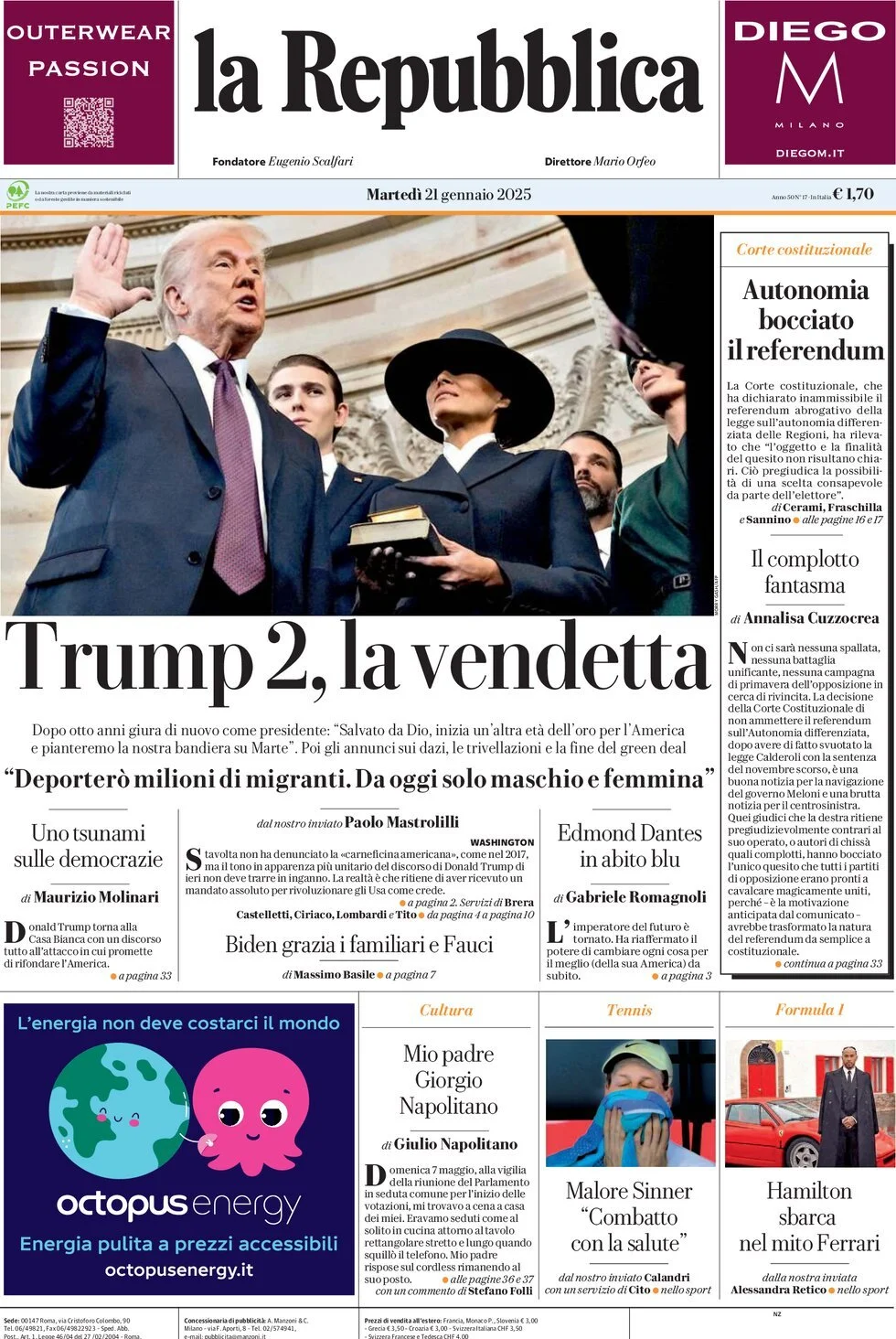 Prima-pagina-la-repubblica-edizione-di-oggi-21-01-2025