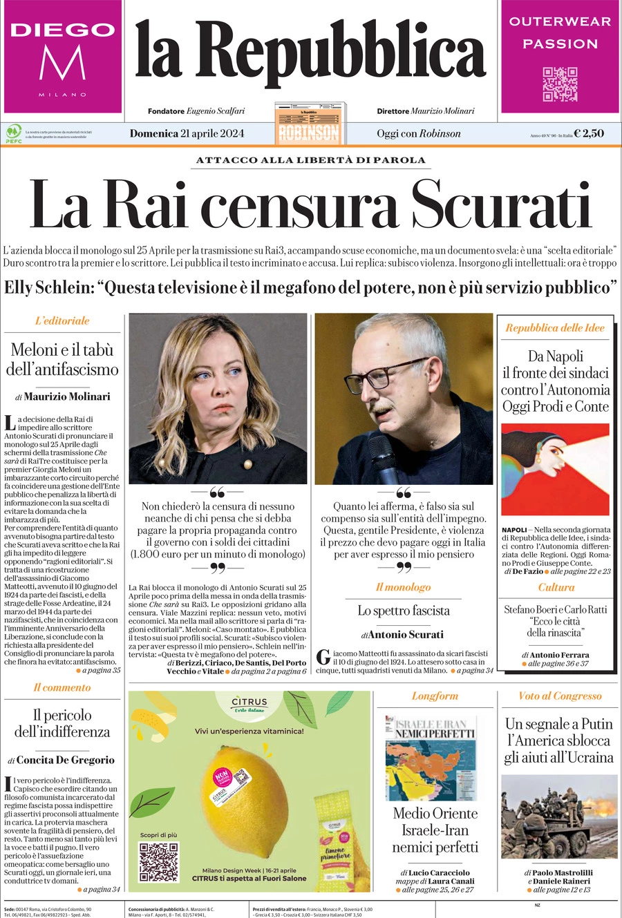 Prima-pagina-la-repubblica-edizione-di-oggi-21-04-2024