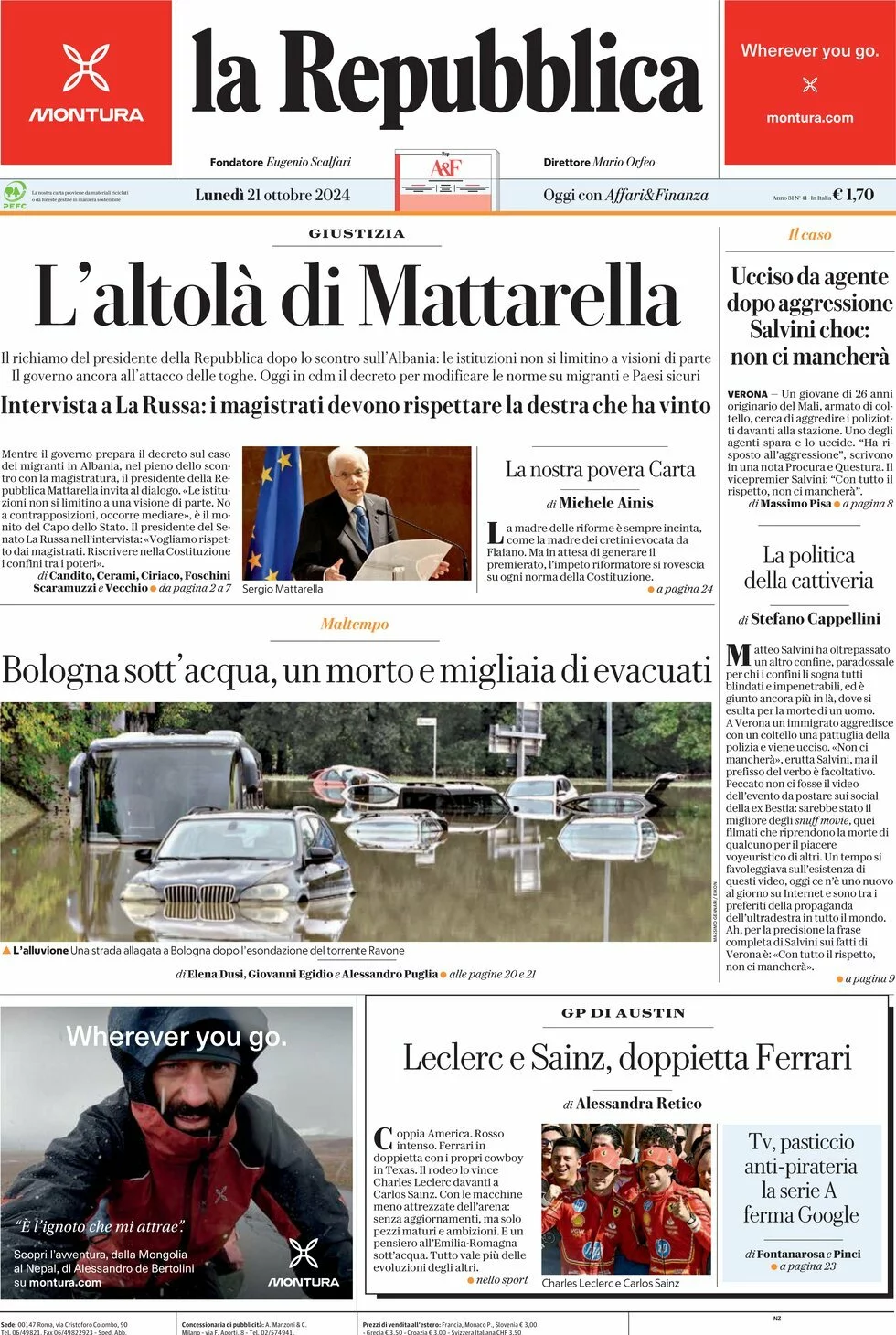 Prima-pagina-la-repubblica-edizione-di-oggi-21-10-2024