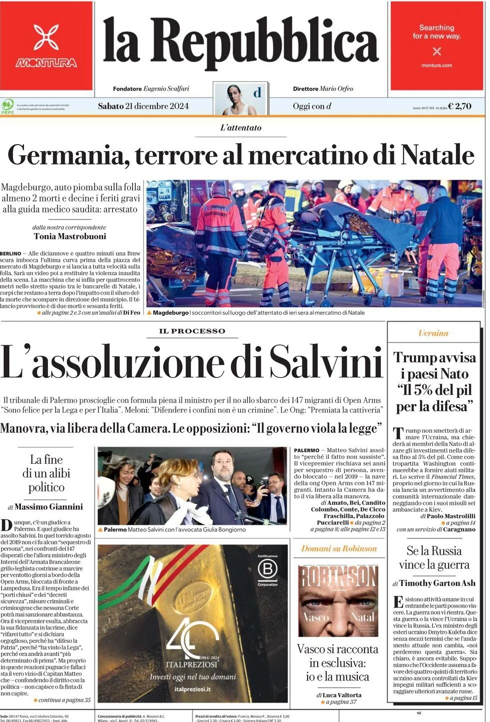 Prima-pagina-la-repubblica-edizione-di-oggi-21-12-2024