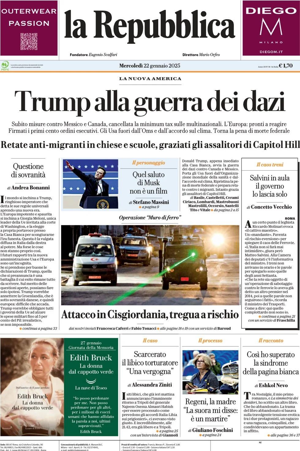 Prima-pagina-la-repubblica-edizione-di-oggi-22-01-2025