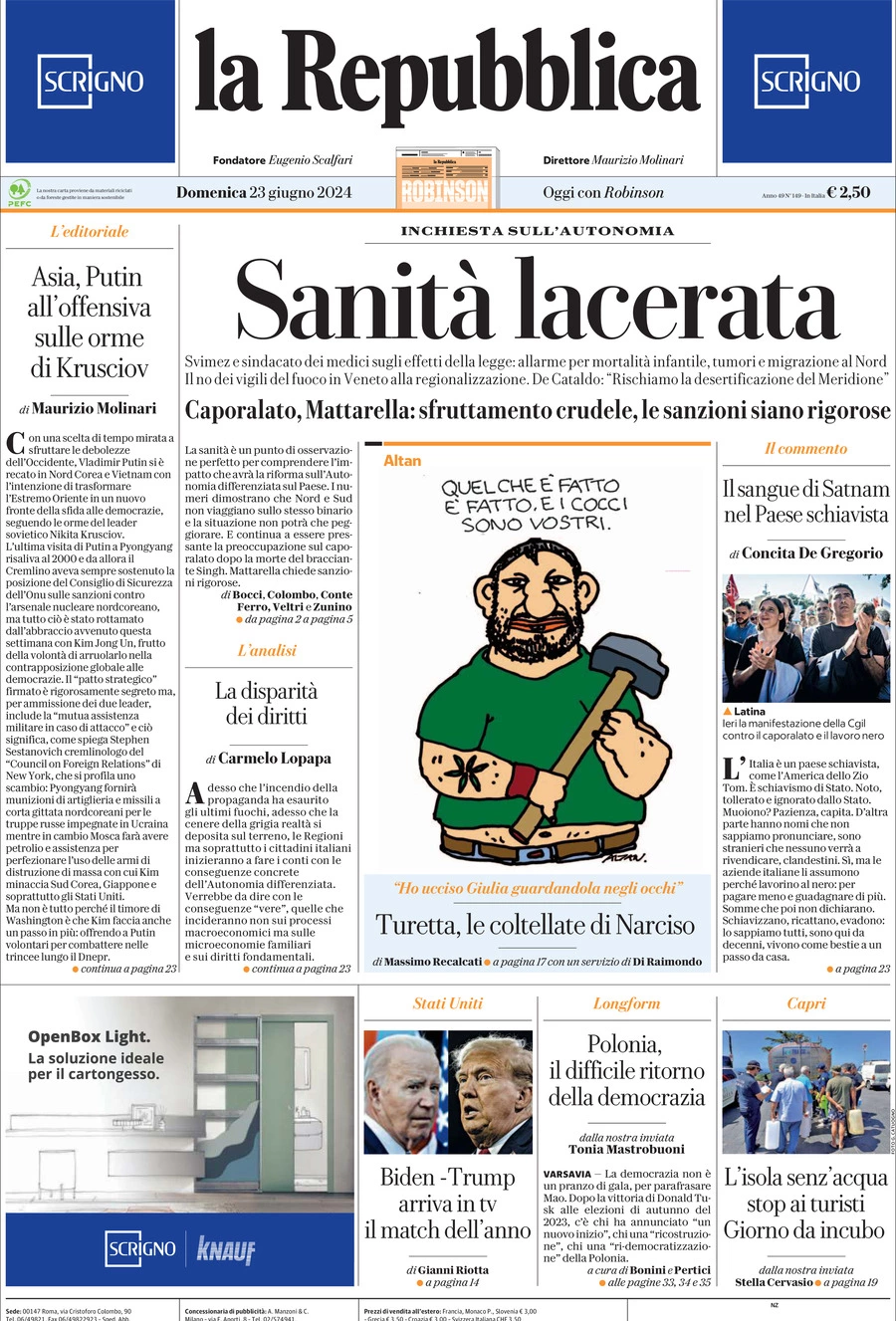 Prima-pagina-la-repubblica-edizione-di-oggi-23-06-2024